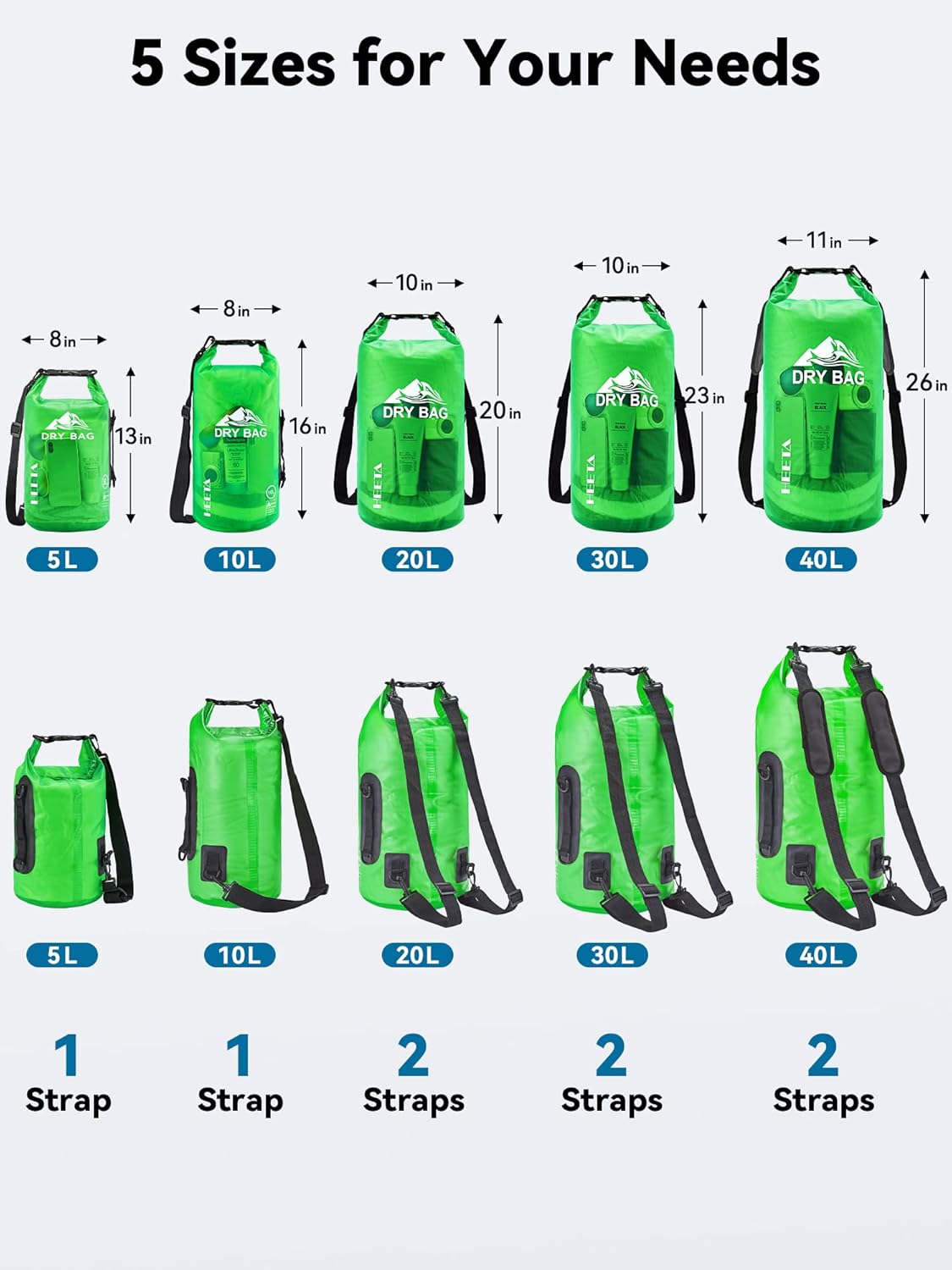 HEETA Dry Bag Waterproof for Women Men, 5L/10L/20L/30L/40L Roll Top Lightweight Dry Storage Bag Backpack with Phone Case for Travel Swimming Boating Kayaking Paddle Board Camping Beach Accessories