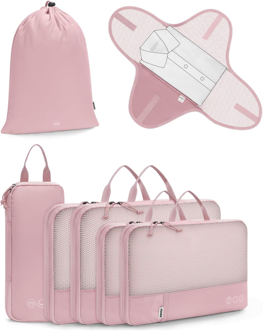 WANDF 7 Set Compression Packing Cubes for Travel, Shirt Folder for Wrinkle-Free, Suitcase Organizer Bags Set for Carry-On Checked Luggage Duffle Bag Women Men(Pink)