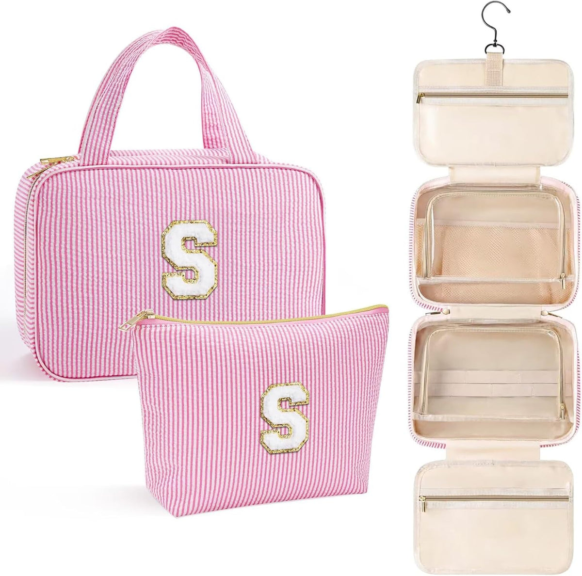 YOOLIFE Hanging Toiletry Bag - Large Capacity Personalized Travel Toiletry Bag for Women, Cruise Ship Essentials - Letter S, Pink