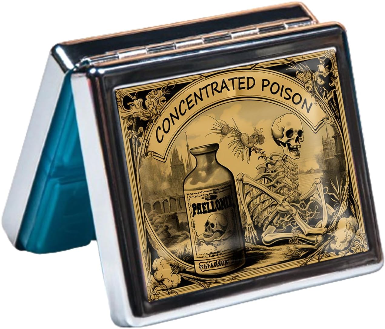 Silver Vintage Pill Box 7 Day Metal Pill Box with Mirror and 8 Compartments Cute Travel Pill Organizer for Purse (Halloween Label)