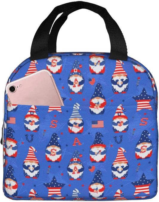 American Gnome Patriotic Lunch Box 4th of July Memorial Day Lunch Bag Insulated Reusable Lunch Tote Bag Cooler Tote Bag for Men Women