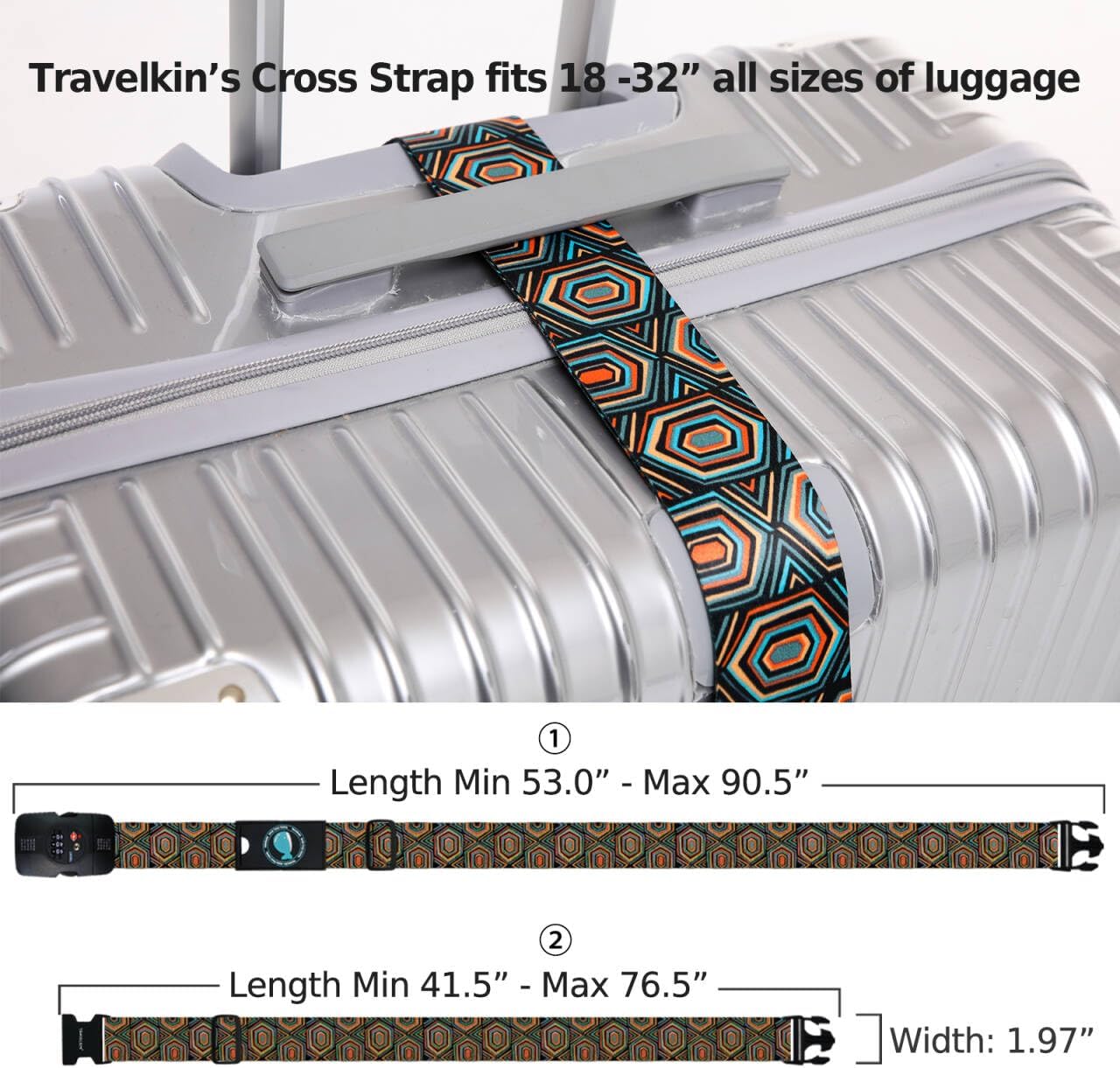 Travelkin Luggage Straps TSA Approved - Adjustable Cross Suitcase Straps with TSA Lock, Reinforced Buckle, Unique Pattern - Secure Heavy Duty Luggage Straps for Travel (Geometry)
