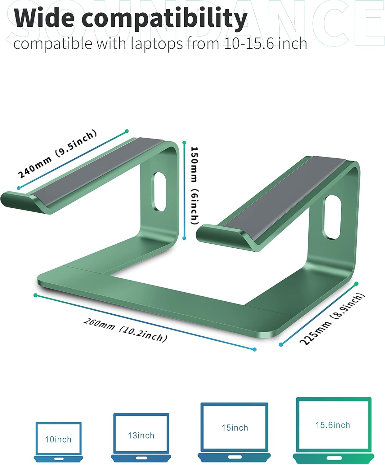 SOUNDANCE Laptop Stand, Aluminum Computer Riser, Ergonomic Laptops Elevator for Desk, Metal Holder Compatible with 10 to 15.6 Inches Notebook Computer, Green