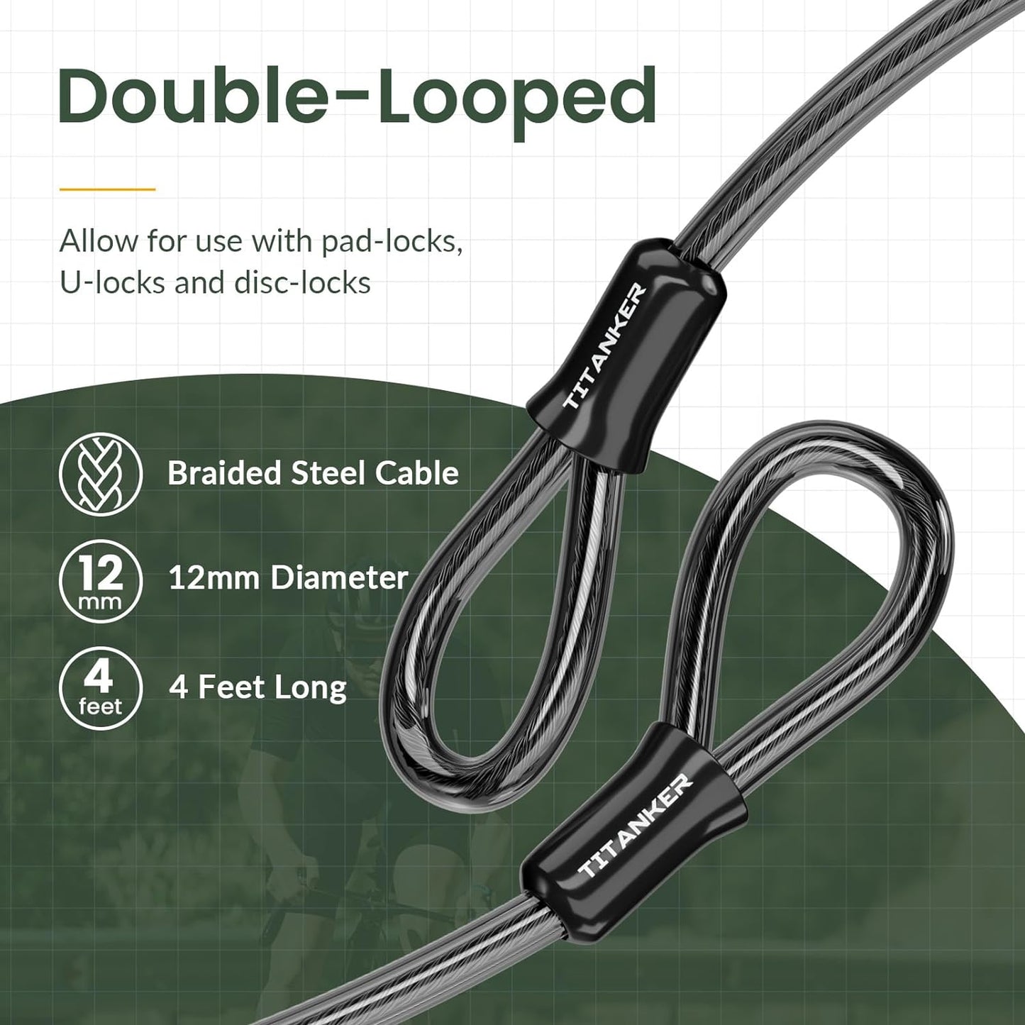 Titanker Bike Lock Cable,12mm Thick Security Cable with Loops Heavy Duty Steel Cable Vinyl Coated Bike Cable Lock Security Chain (4ft, 7ft, 15ft, 30ft)