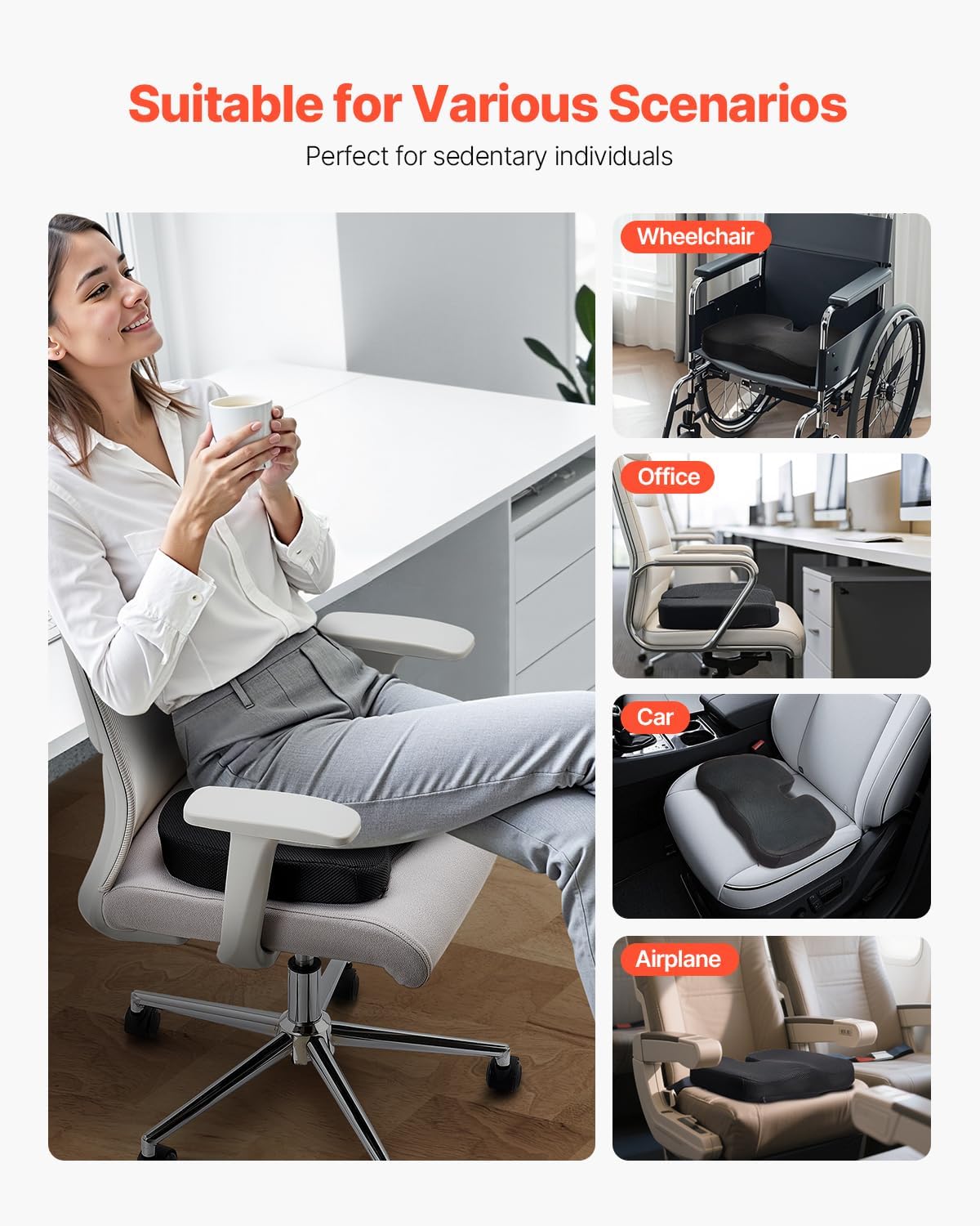 VEVOR Seat Cushion, Cooling Gel + Memory Foam Seat Cushion, Pressure-Relief Wheelchair Seat Pad with U-Shaped Cutout & Removable Cover, Lightweight and Portable for Travel, Car, Office, Airplane