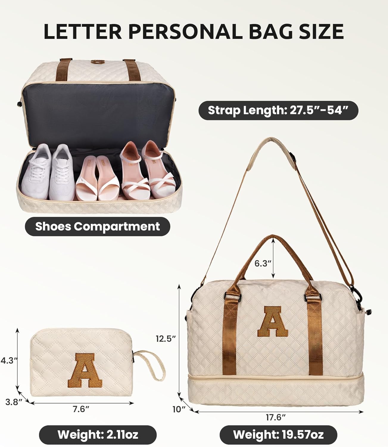 Birthday Gifts for Women-Initial Duffle Bag with Shoe Compartment, Personalized Weekender Bag, Monogram Overnight Bag, Letter Travel Bag with Makeup Bag，Preppy Gifts for Girl (Letter V)