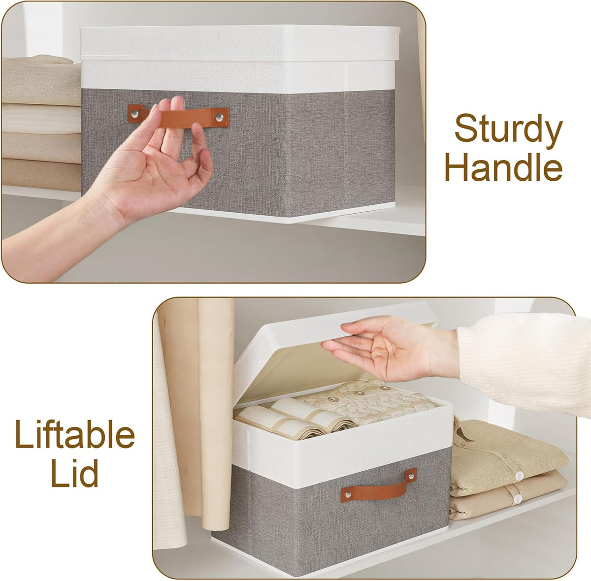Fabric Storage Boxes with Lids, Linen Foldable Cloth Baskets, Closet Organizer Containers with Double Handles, Sweater Bins for Bedroom, White and Grey, 5 Pack, 13 x 9.1 x 7.9 Inch