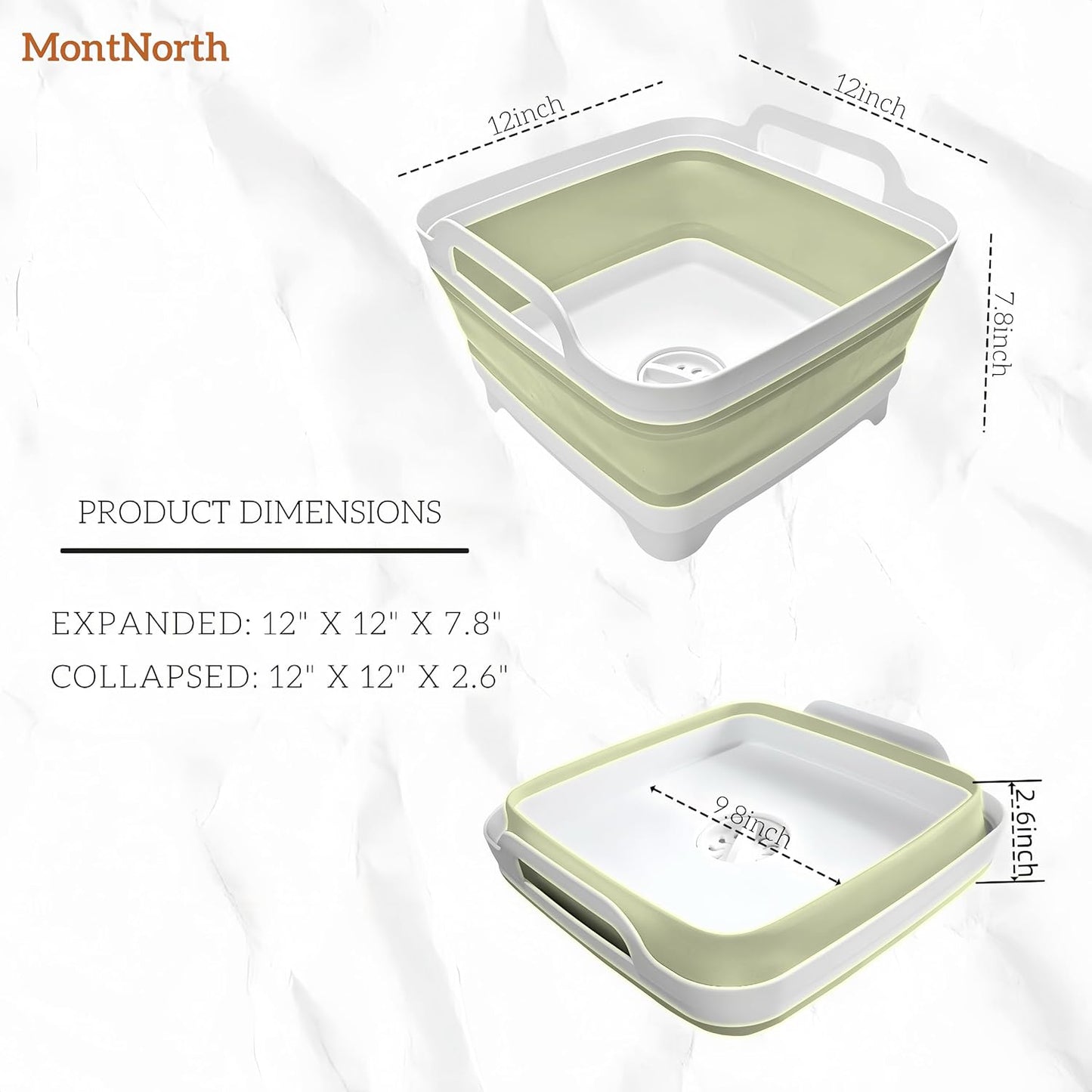 Collapsible Wash Basin 9L, Foldable Dish Tub with Drain Plug, Portable Collapsible Dish Basin, Camping Sink for Washing Dishes, Laundry & Kitchen Use (Green)