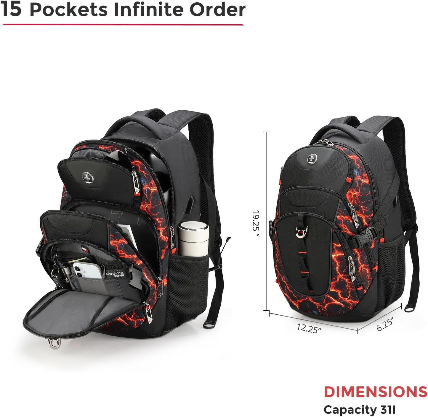 Swissdigital Laptop Backpack with USB Charging Port, Travel Backpack Fits 15.6 inches Computer, 31L Backpack for Men, Flame Red | SD803