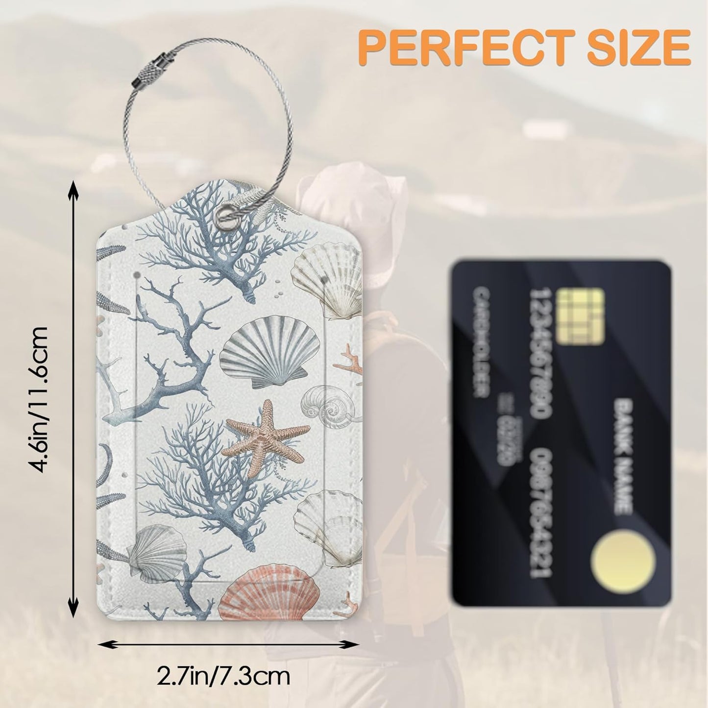 Tropical Seashells Summer 3 Pack Luggage Tags for Suitcases, Vintage Starfish PU Leather Luggage Tag for Travel, Bag Tags with Privacy Name ID Card and Steel Loop for Women Men