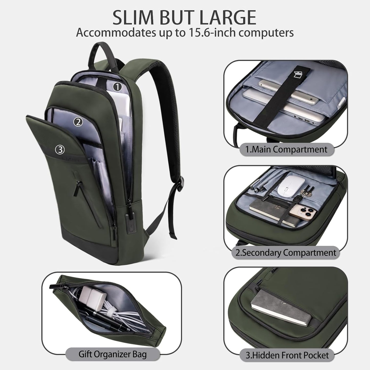 Business Backpack for Men Lightweight Commute Laptop Backpack Anti-Theft Water Resistant Backpack for 15.6 Inch Computer for Daily Office Work with Small Bag (Green)