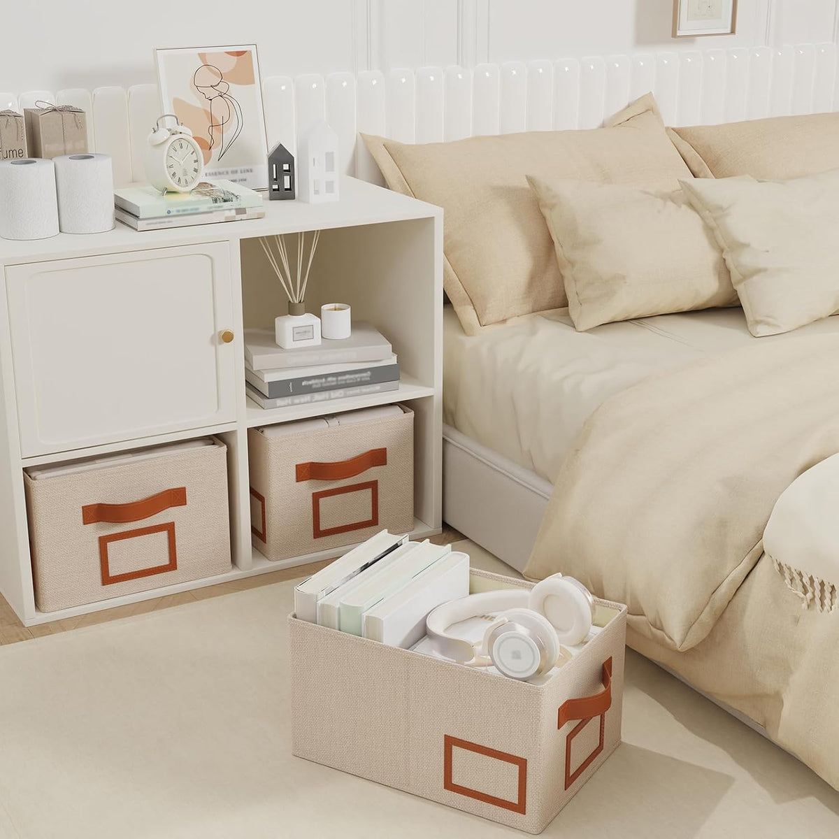 OUTBROS Foldable Storage Box for Shelves, 15.7 x 11.8 x 7.9 inch Fabric Baskets, Wardrobe Organiser with Handles, Suitable for Storing Clothes, Books, Cosmetics (Beige, 3-Pack)