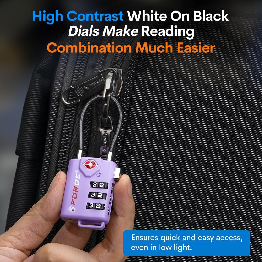 Forge TSA Approved Luggage Locks, Re-settable Combination with Alloy Body, Purple 4 Locks.