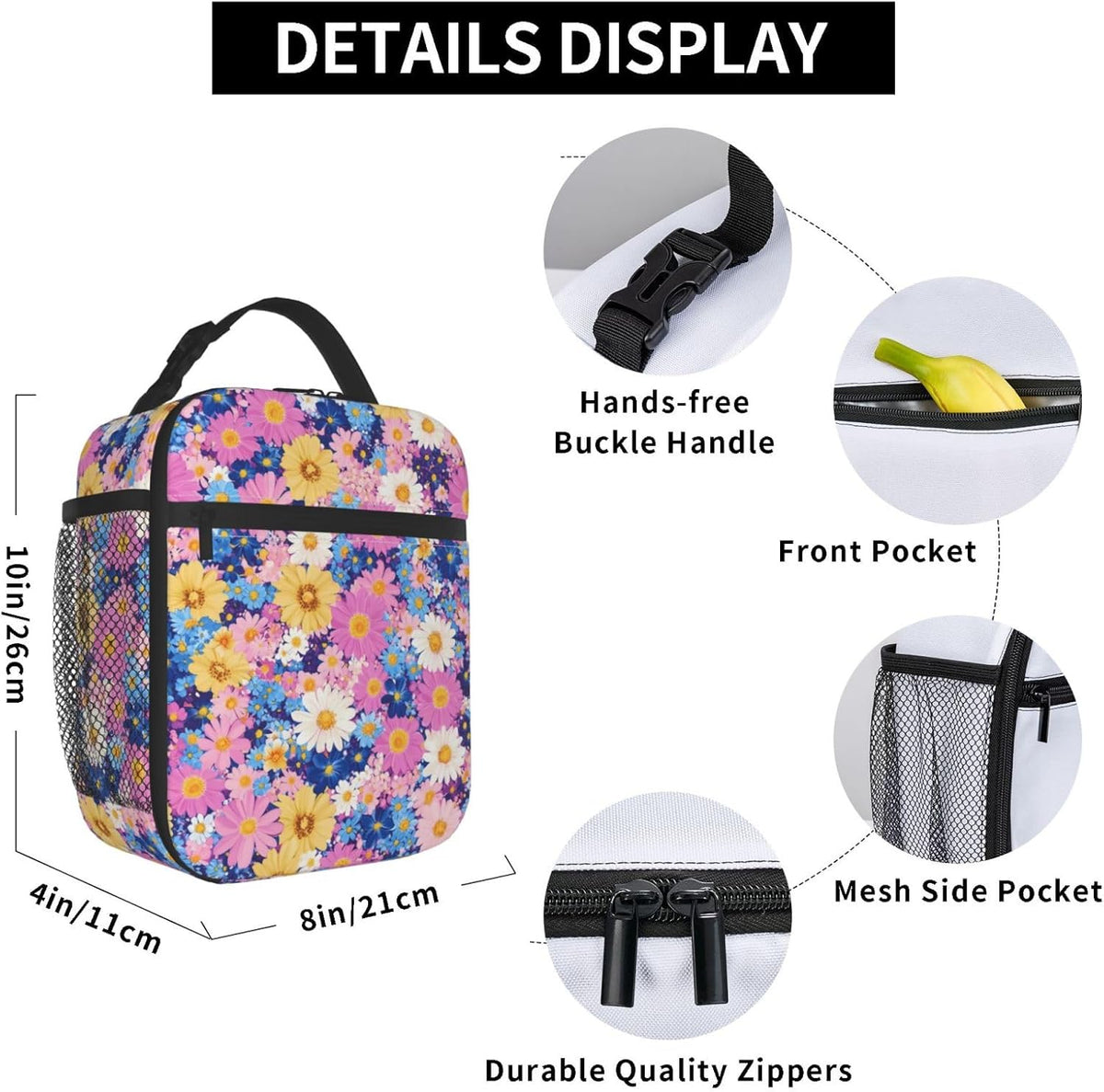 Floral Insulated Lunch Box for Women Men Floral Lunch Bag for Travel,or Fishing Polyester