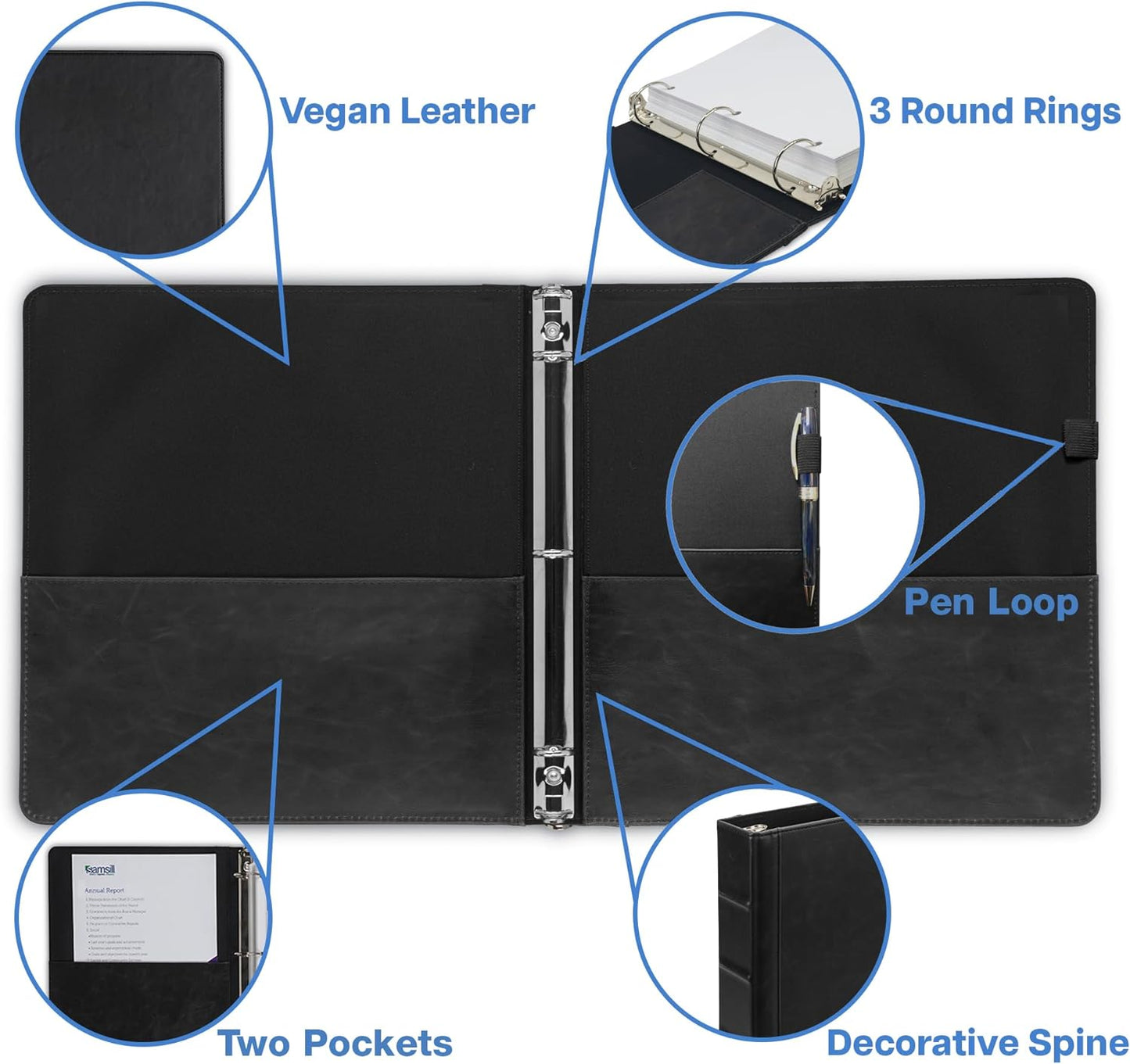 Samsill Vintage Leather Mini 3 Ring Binder 0.5 Inch Round Ring (Holds 100 Sheets), 5.5 x 8.5 Inch Documents, Professional Organizer, Planner, Notebook, Black