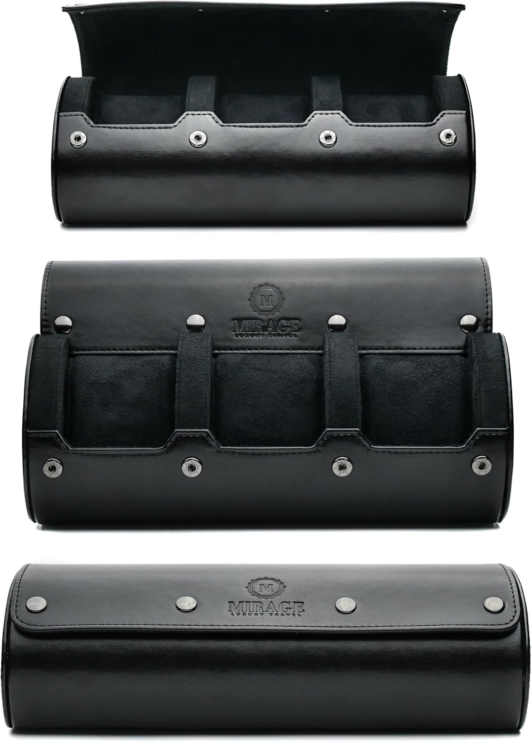 Travel Watch Case – 3 Watch Organizer Travel for Men - Watch Carrying Case Holder and Display - Super Black Motif Vegan Leather