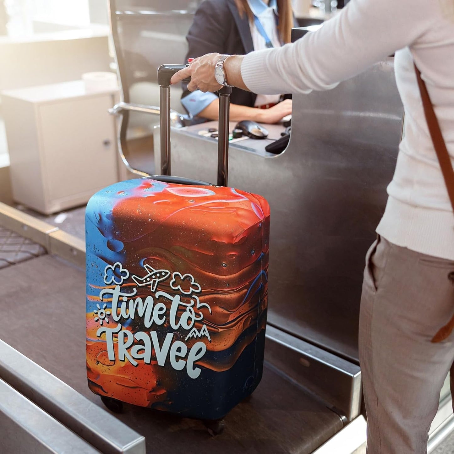 Explore Land Luggage Cover Suitcase Protector Fits 23-26 Inch Case (Time to Travel, M)