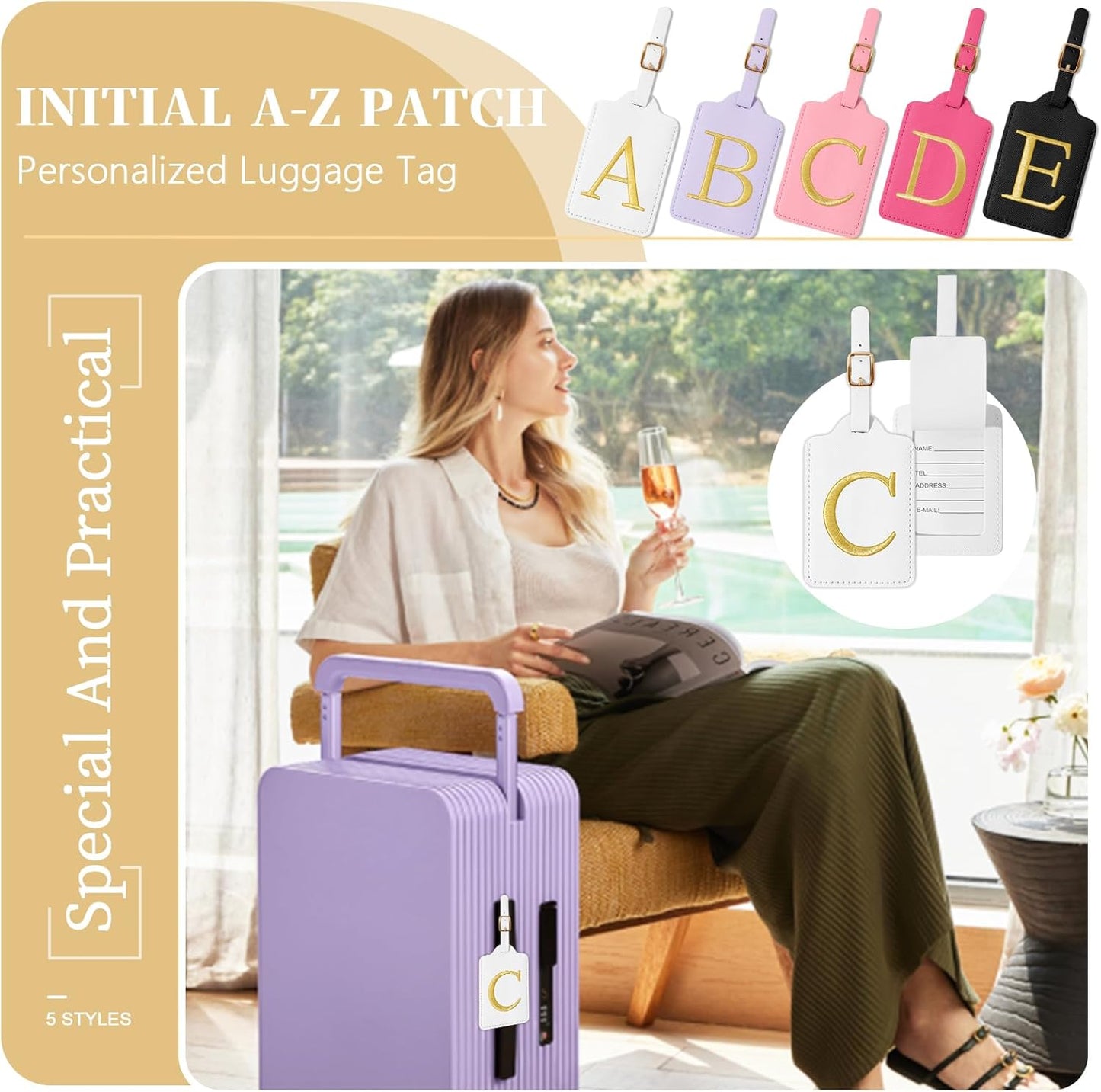 Personalized Initial Luggage Tags for Suitcase TSA Approved, White Leather Cute Luggage Tag with Privacy Cover Name Card, Embroidered Custom Luggage Tags Travel Baggage Tags Gifts for Women Kids(C)