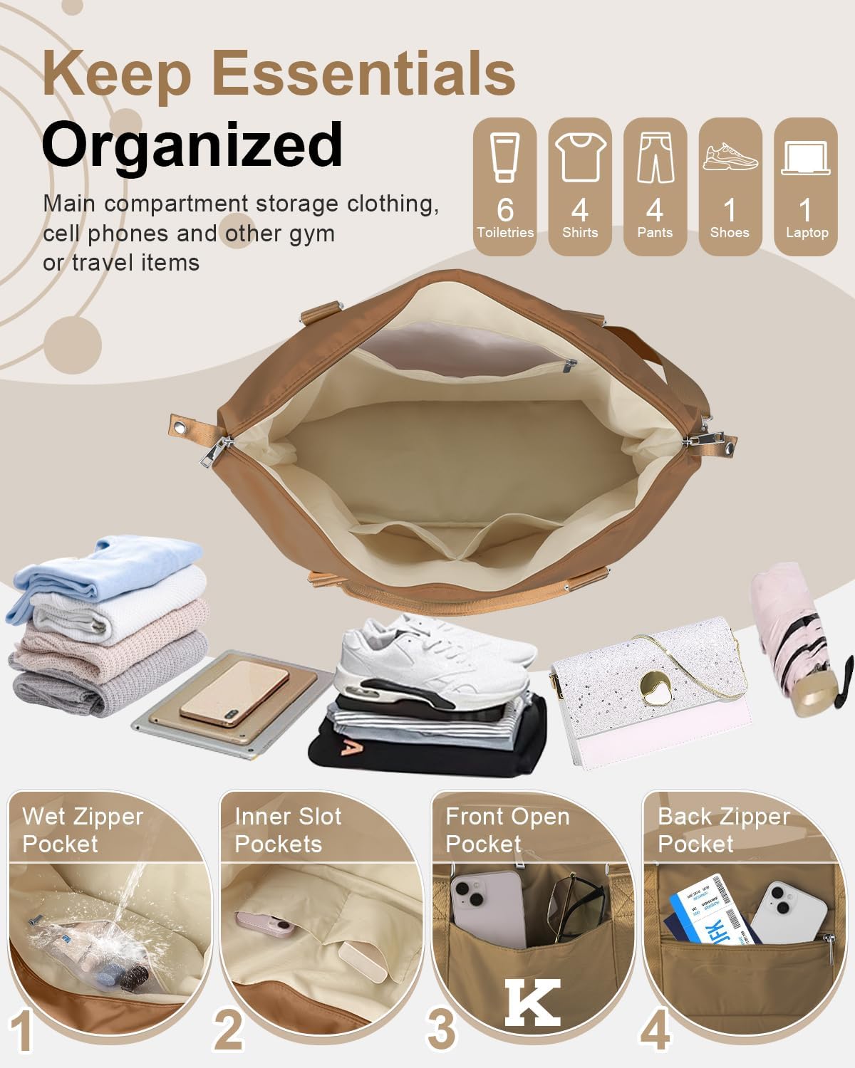 Birthday Graduation Gifts for Daughter,Initial Travel Duffel Bag Sports Gym Bag for Girls Teen Kids Birthday Gifts,Personalized Weekender Bag Carry On Tote Bags Cute Overnight Bag for Women(Brown, K)