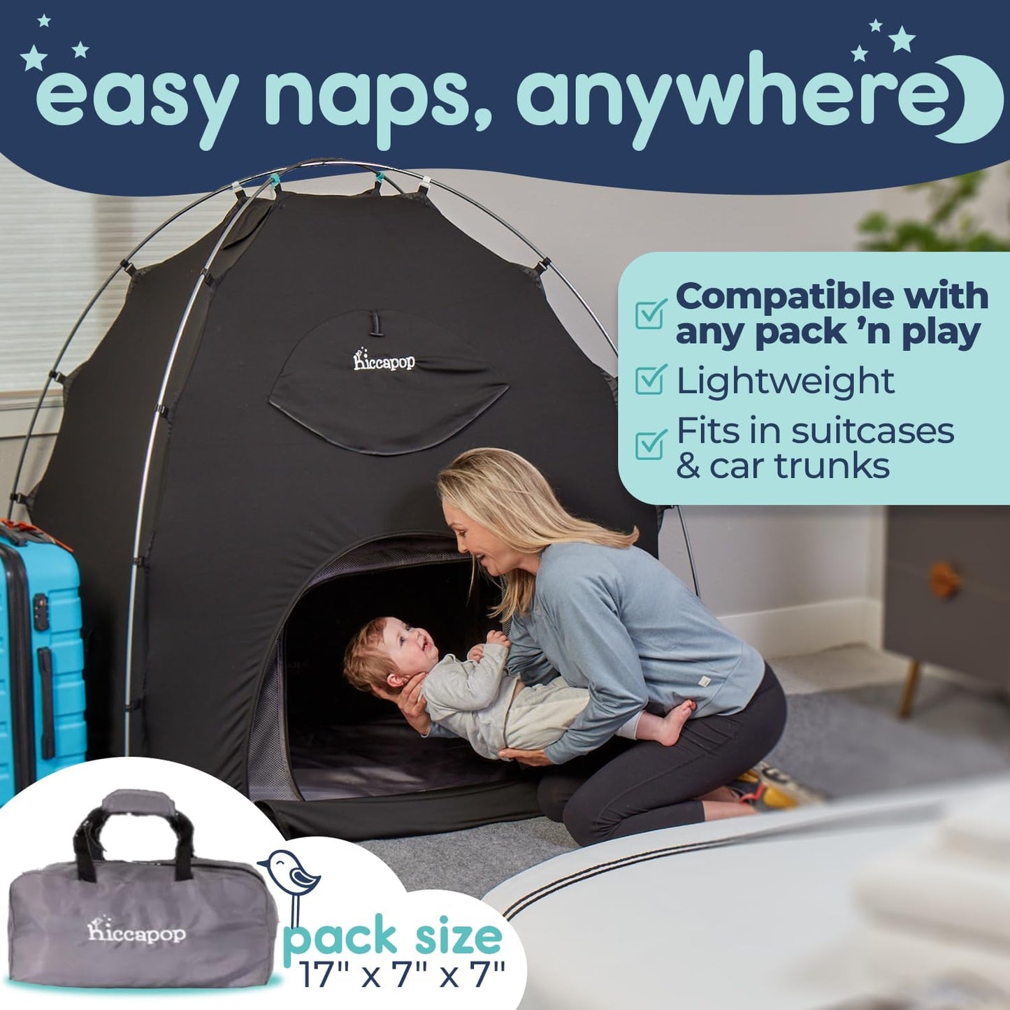 Hiccapop Daydreamer Blackout Tent for Pack and Play, Patented Portable Crib Tent, Blackout Canopy Crib Cover, Sleep Pod for Kids