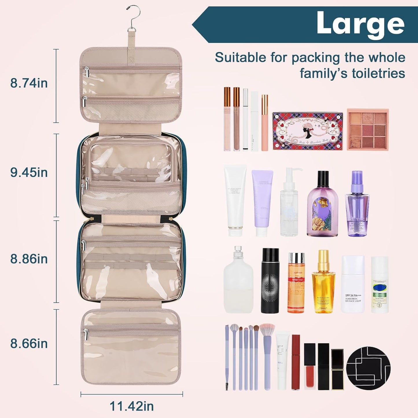 Wedama Toiletry Bag for Women, Large Cosmetic Travel Bag, Hanging Toiletry Bag for Bathroom, Thickened PVC Waterproof Makeup Bag, Toiletries Bag for Travel Business Trips and Camping, Dark Blue