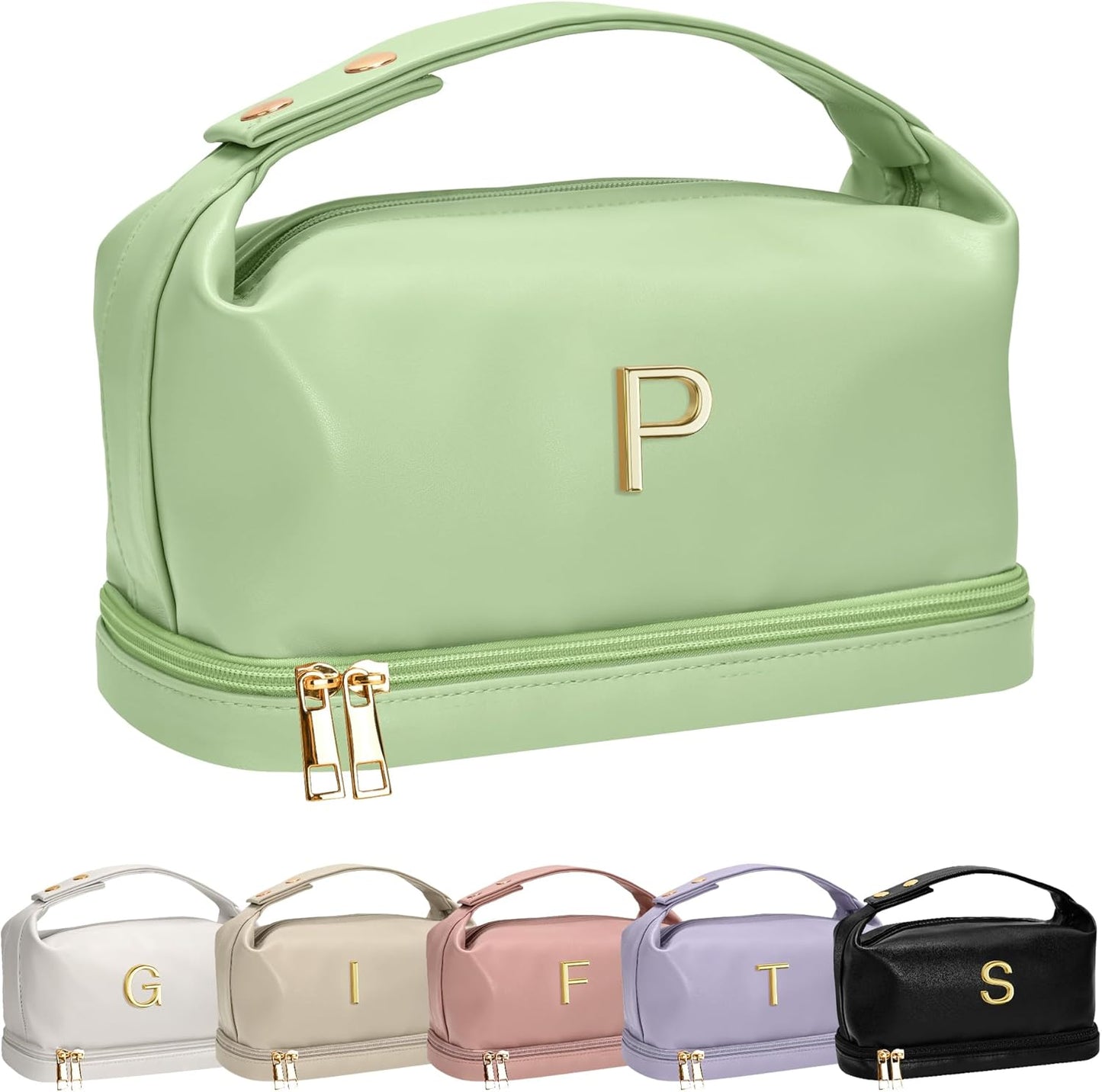 Unique Gifts for Women, Personalized Makeup Bag with Handle, Initial Double Layer Cosmetic Bag with Makeup Brush Organizer, Cute Cosmetic Pouch for Women, Customizable Tween Gift Ideas