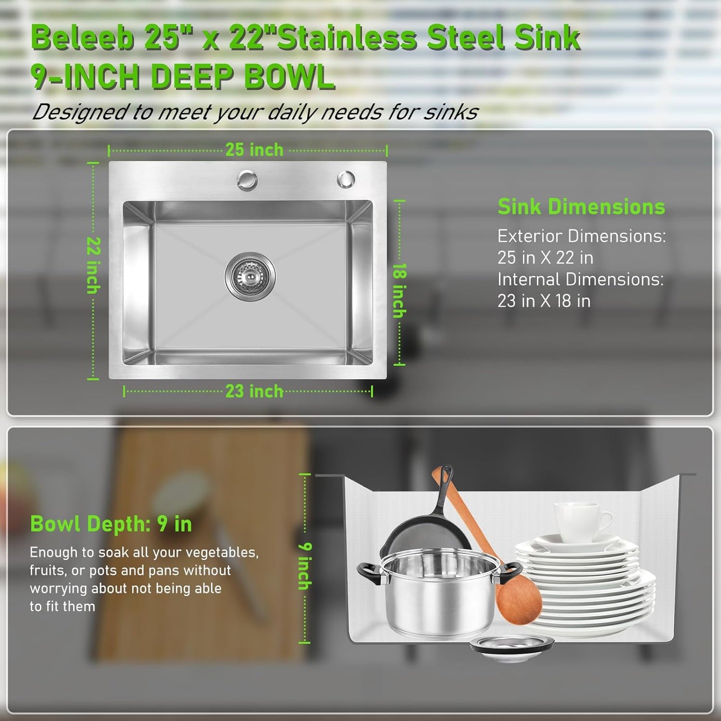 Drop In Kitchen Sink 25x22", 9" Basin Depth, 18 Gauge Stainless Steel Sink, 3D Embossed Surface Finish Top Mount with Accessories