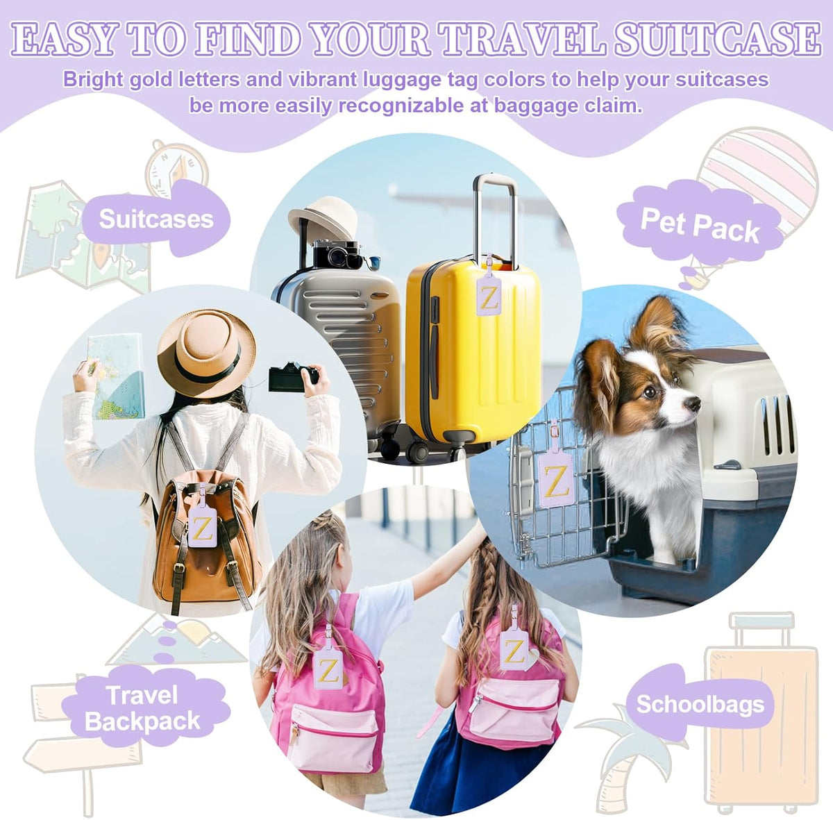Personalized Initial Luggage Tags for Suitcase, Purple Leather Cute Luggage Tags with Privacy Cover Name Card, Embroidered Custom Monogrammed Luggage Tag Travel Backpack Tags Gifts for Women Kids(Z)