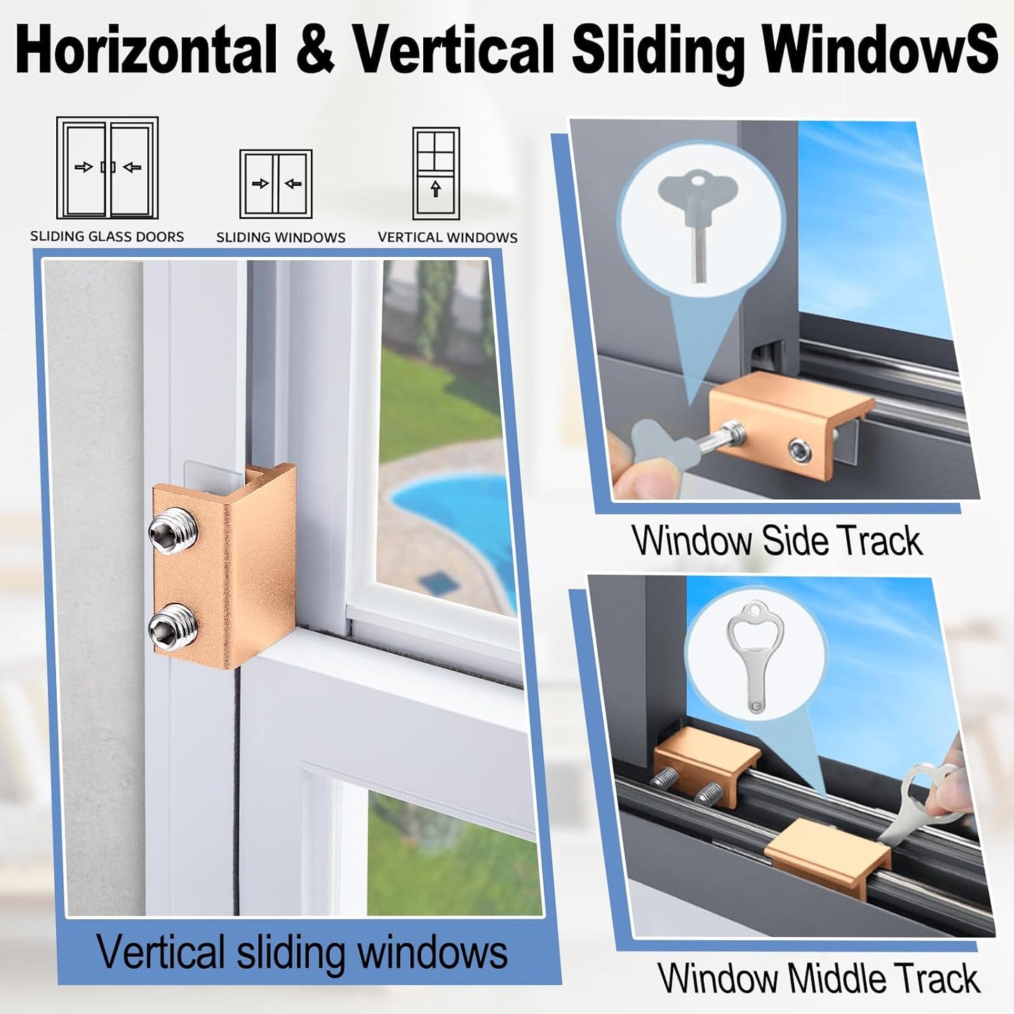 Sliding Window Locks - Adjustable Aluminum Security Locks for Horizontal & Vertical Windows (2 Sets Gold)
