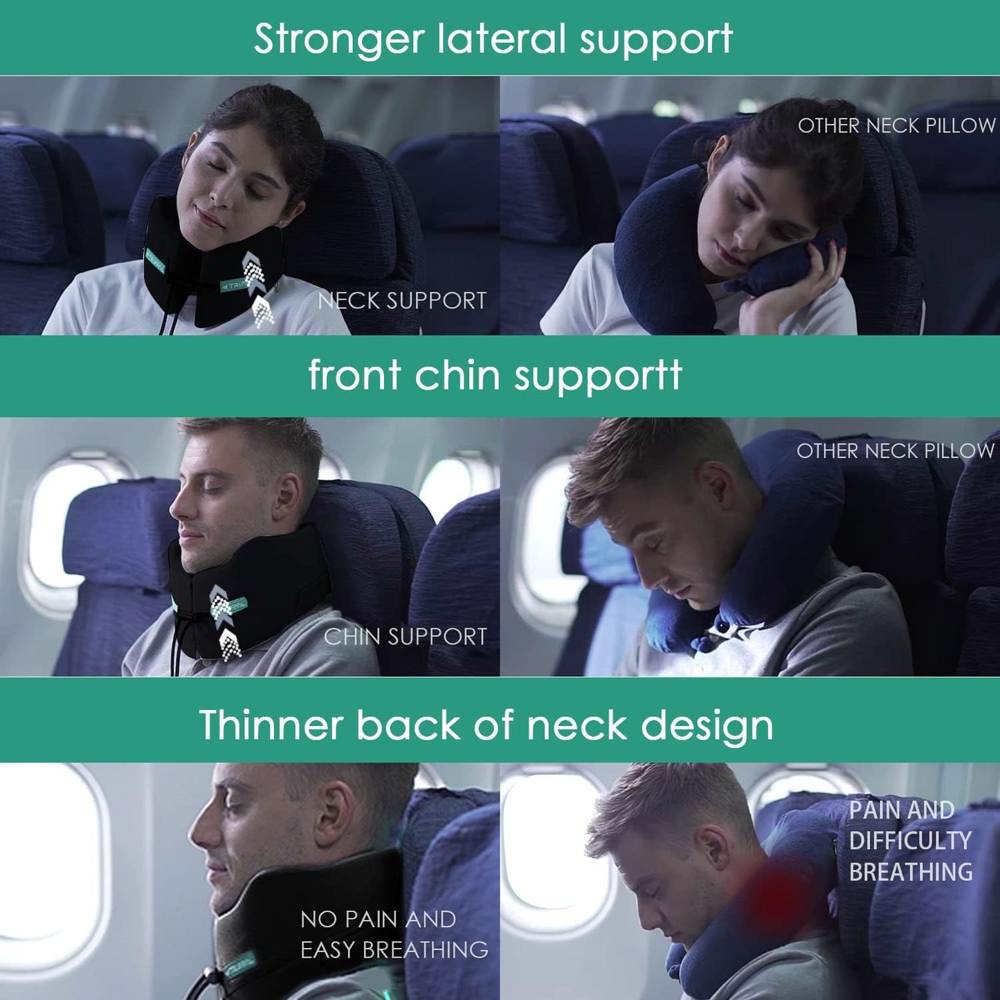 GOLDORANGE Travel Pillow Neck Chin Head Support Best Memory Foam Neck Pillows for Unisex Airplane Car Home Sleeping Rest with Compact Carry Bag Black M