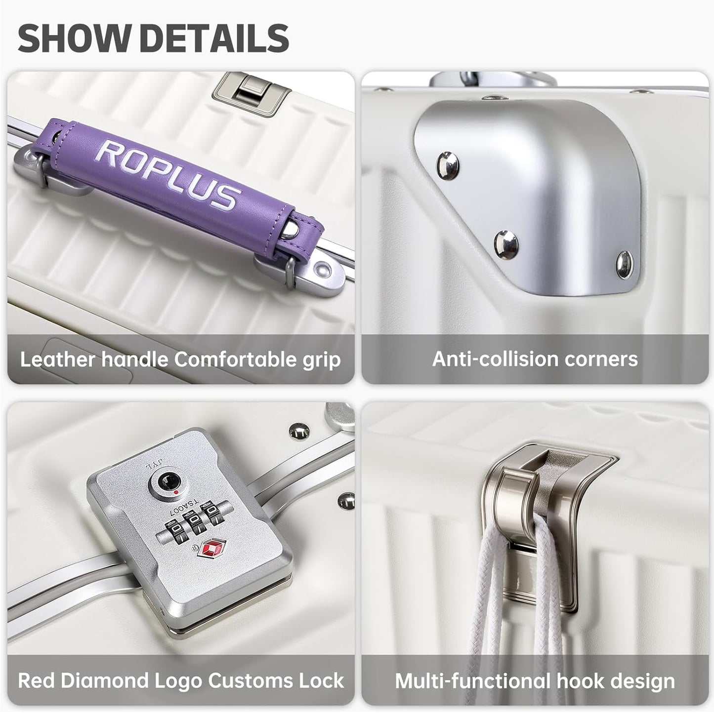 Aluminium Frame Carry on Luggage with Smooth Jelly Wheels, Hardside Zipperless Rolling Suitcase with TSA Lock (WhitePurple, 21-Inch)