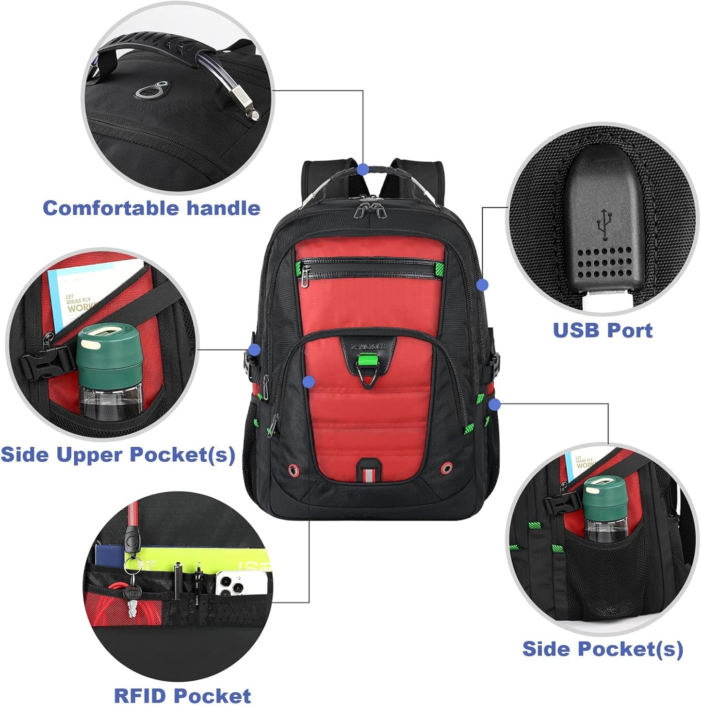 Z-MGKISS 18.4-19 Inch Extra Large Laptop Backpack, Travel Backpack for Men & Women, School Rucksack Bag with USB Charging Port and Multiple Compartments, Business Work College Daypack, Red