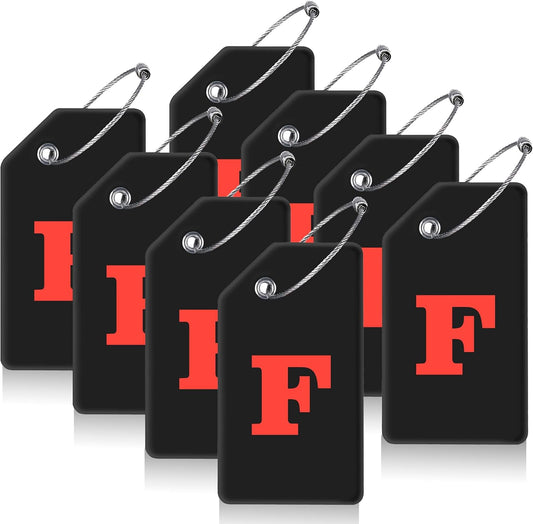 8 Pcs Luggage Tags for Suitcases, 26 Initial Letter Travel Luggage Baggage Identification Labels ID Tags Fully Bendable Tags with Stainless Steel Loop (Letter F, Black)