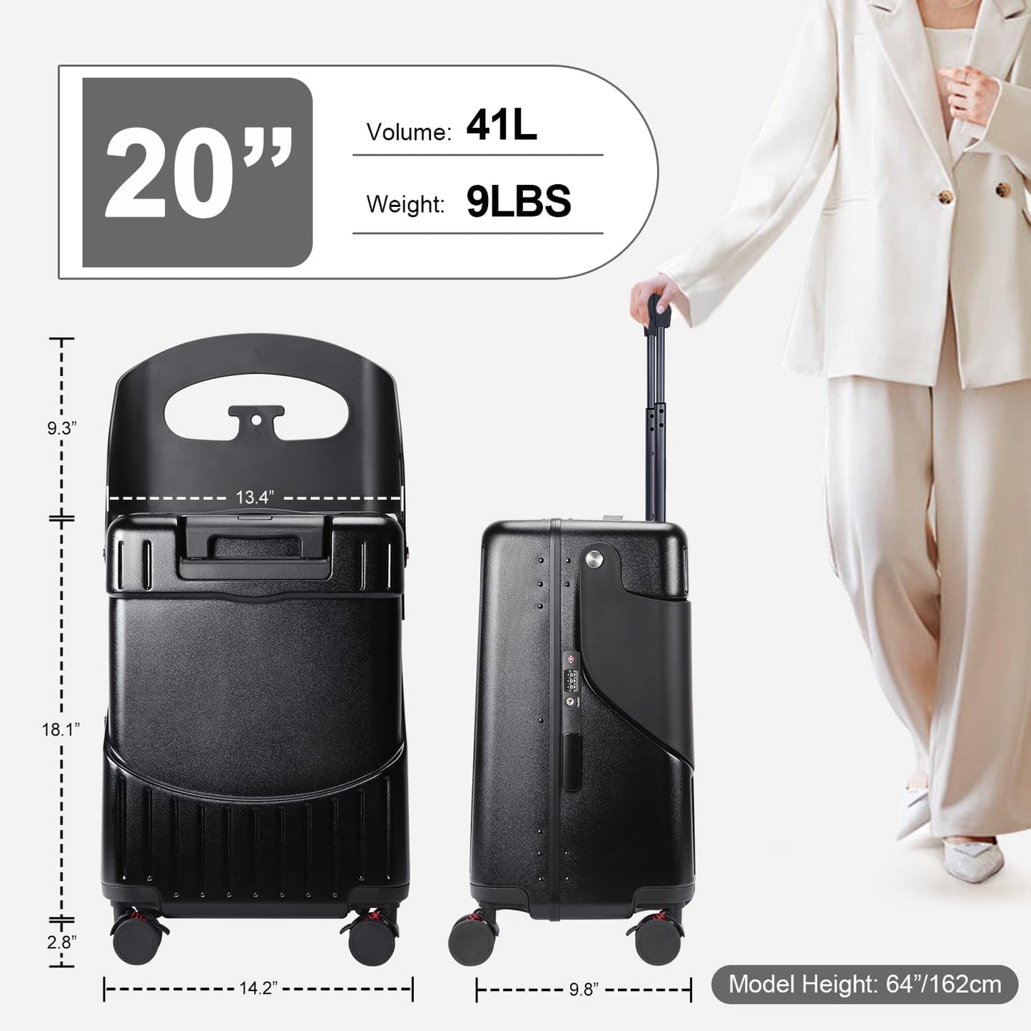 MRPLUM Ride On Luggage with Seat for Kids&Adults with Seat Belt,Hard Shell Lightweight Rolling Spinner Wheels Travel Luggage with TSA Lock,20 inch,Black