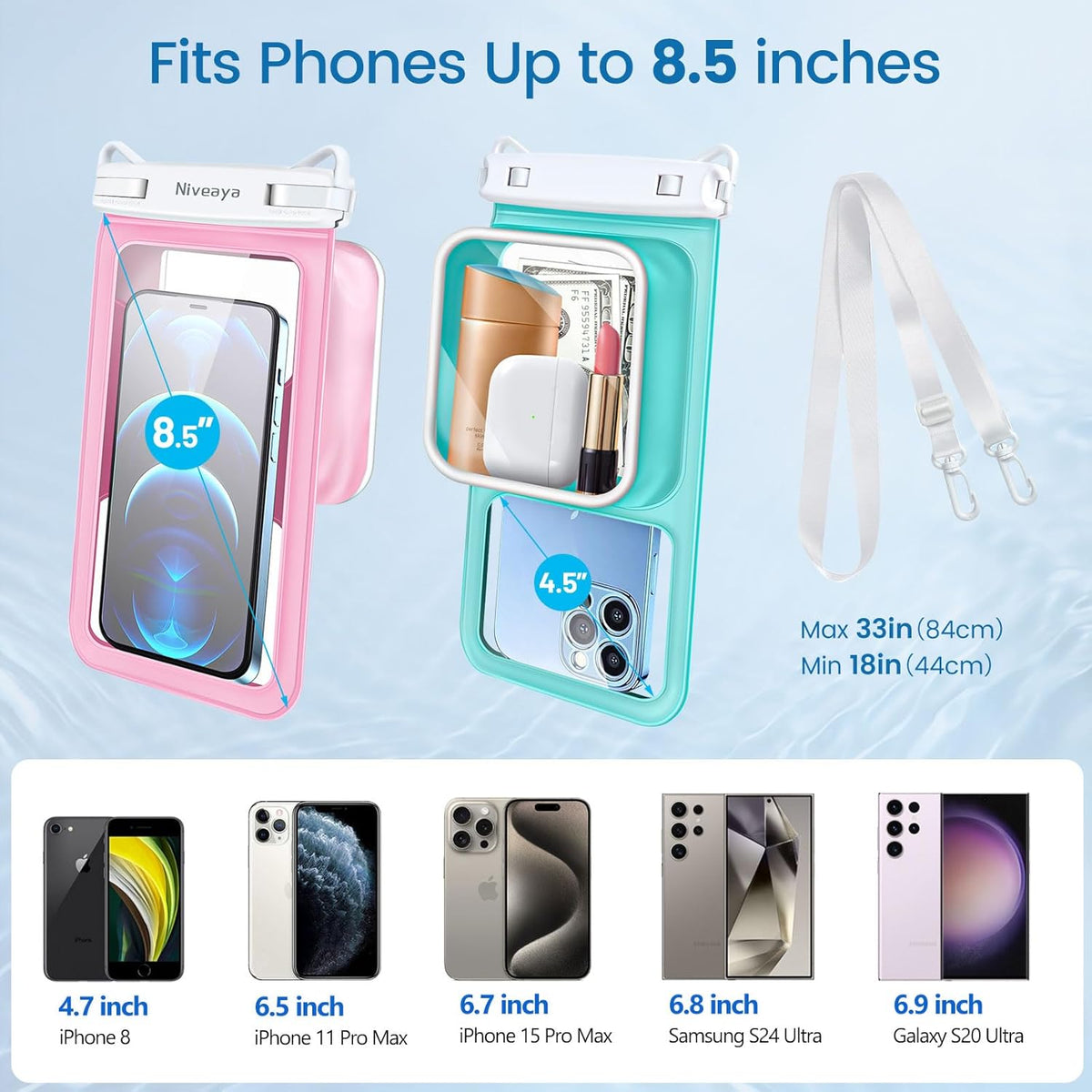 Niveaya [Floatable Floating Waterproof Phone Pouch 2 Pack-Up to 8.5", Large Space Adjustable Neck Lanyard Waterproof Phone Case, Phone Dry Bags for Vacation Beach Pool Kayak Cruise Travel Essentials