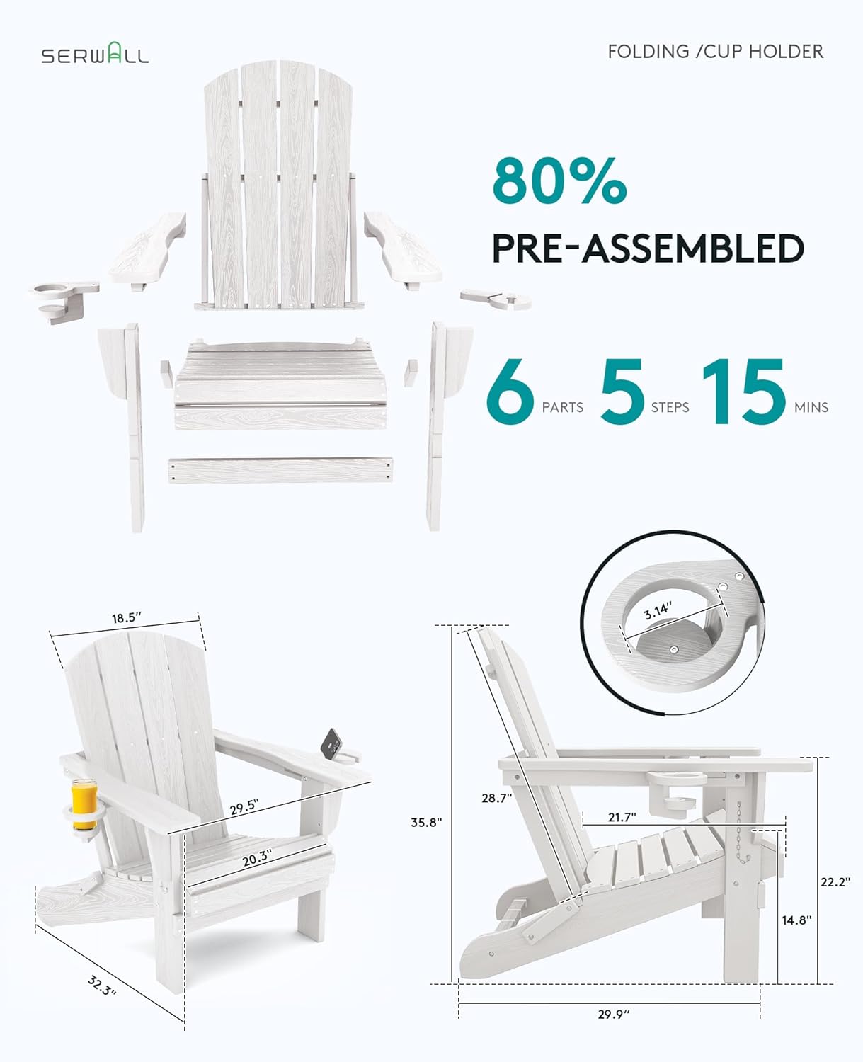 SERWALL Adirondack Chair with Cup Holders - Composite Adirondack Chairs Set of 4 HDPE Outdoor Chairs All Weather Use- White