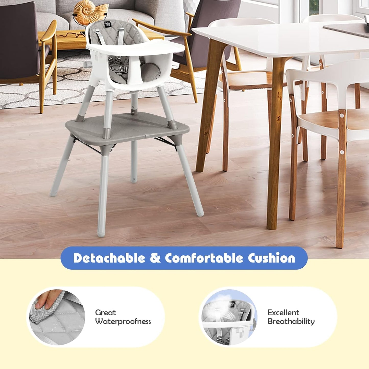 HONEY JOY 5-in-1 High Chair, Convertible Highchair for Babies and Toddlers/Kids Chair Table Set/Infant Feeding Chair w/Safety Harness, PU Leather Cushion & Removable Food Tray (Gray)