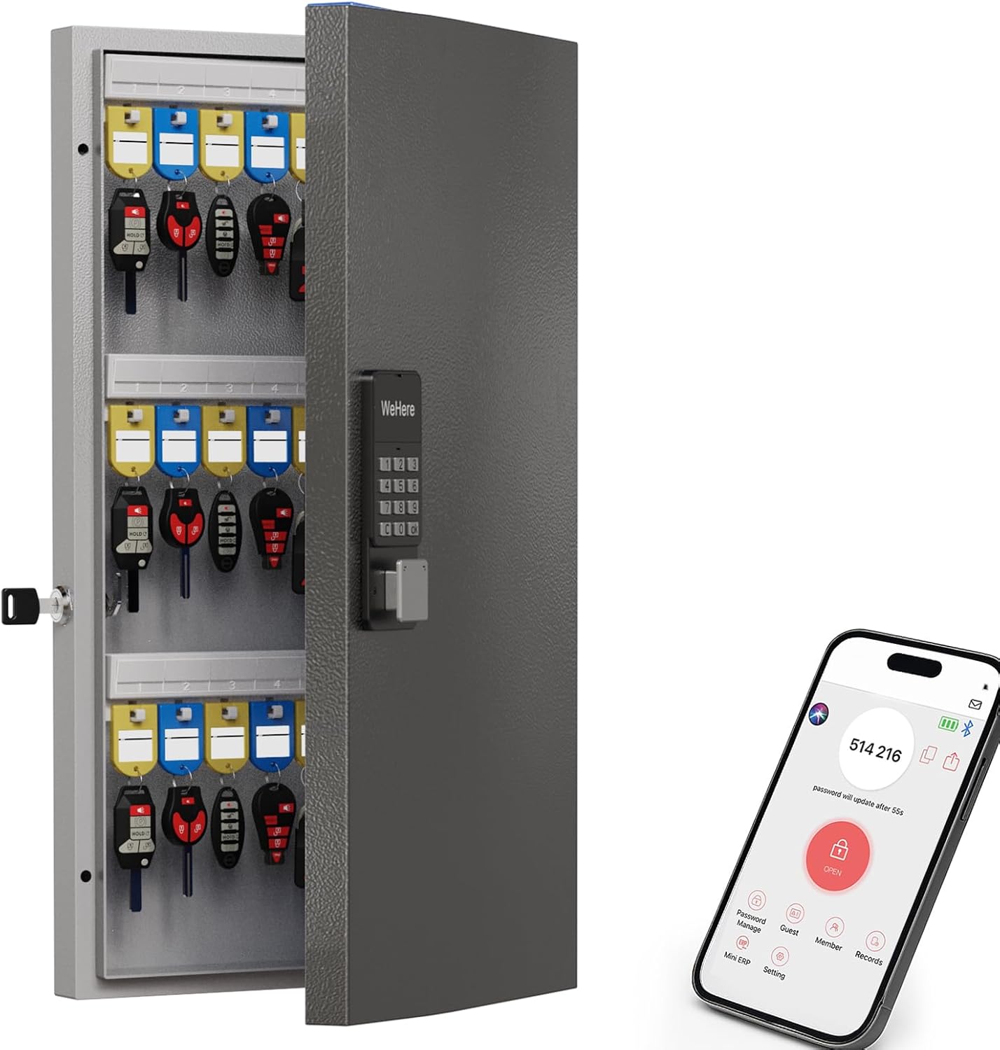 WeHere 48 Key Lock Box Wall Mount, APP Bluetooth/OTP/Wi-Fi/Fixed Code/Key Unlock, Smart Key Cabinet with Key Tag, Key Organizer Holder Box, Key Management Directory for Office, Valet, Realtor, Hotel