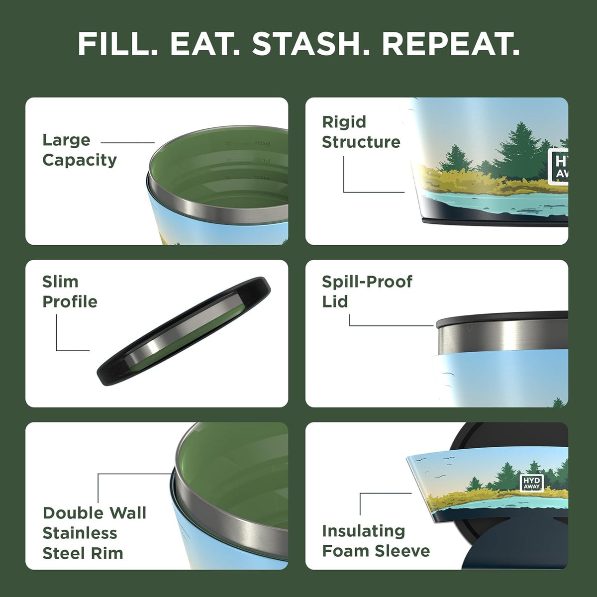 HYDAWAY 1-Quart Collapsible Insulated Bowl with Lid - BPA-Free, Leak-Resistant, Space-Saving Camp Bowl - Ideal for Hiking, Travel & Outdoor Meals