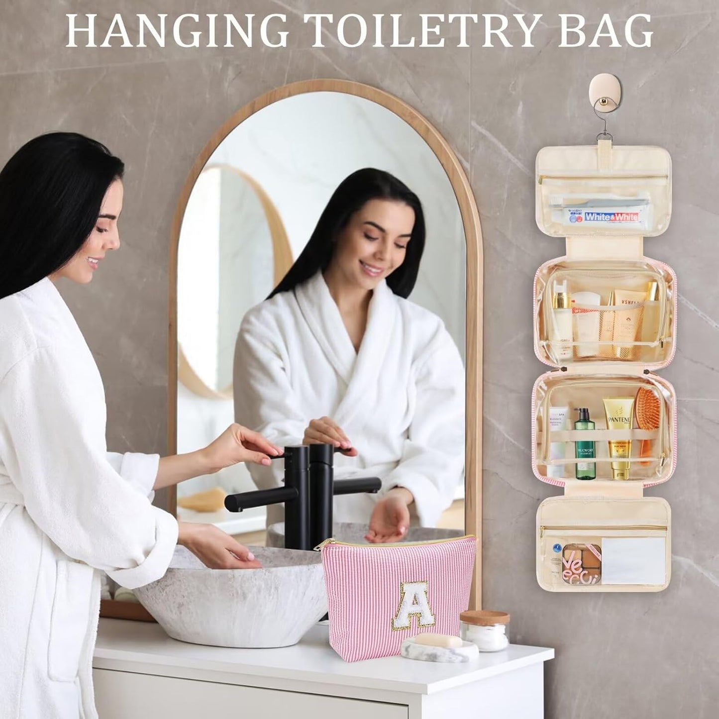 YOOLIFE Hanging Toiletry Bag for Women - Large Travel Toiletry Bag Makeup Bag, Portable Toiletries Cosmetic Bag, Airplane Travel Essentials - Letter N, Pink
