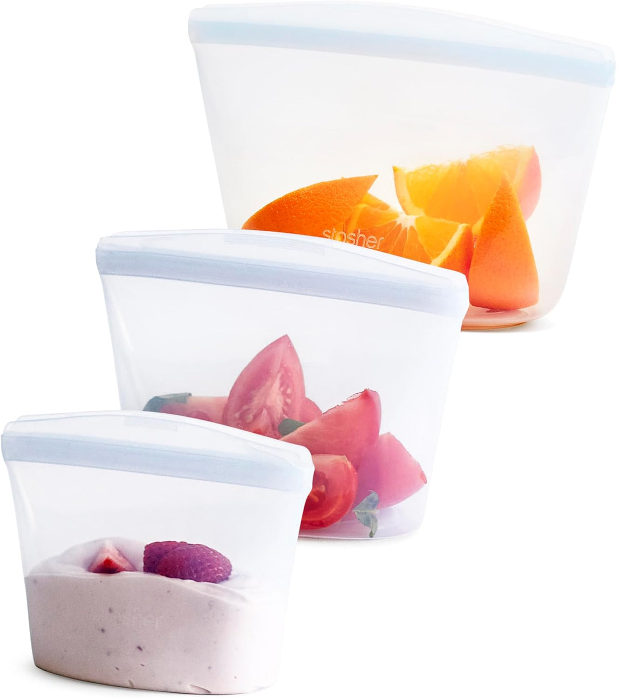 Stasher Premium Silicone Reusable Food Storage Bags, 3-Pack, Clear, Multi-Use Food Storage Bags, Lunch Bag, Travel Containers, BPA Free, Leak-free, Dishwasher-Safe, Eco-friendly