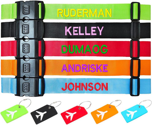 2PC Custom Embroidery Luggage Strap with Your Text/Name,Personalized Luggage Straps with Lock for Suitcases,Adjustable Suitcase Strap Belt Tag for Secure Travel