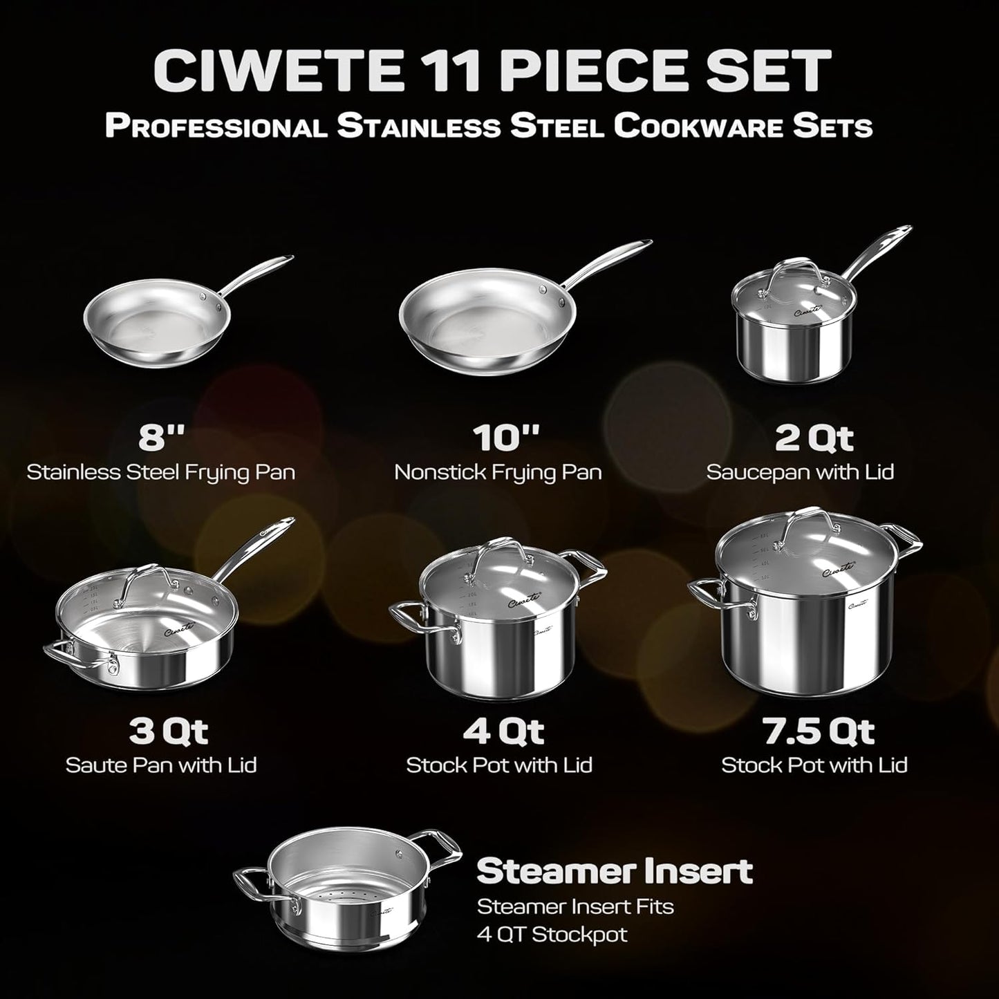 Tri-Ply Stainless Steel Pots and Pans Set 11-PC, 18/10 Stainless Steel Induction Cookware Set with Steamer Insert, Kitchen Cookware Sets with Stay Cool Ergonomic Handles, Dishwasher, Oven Safe