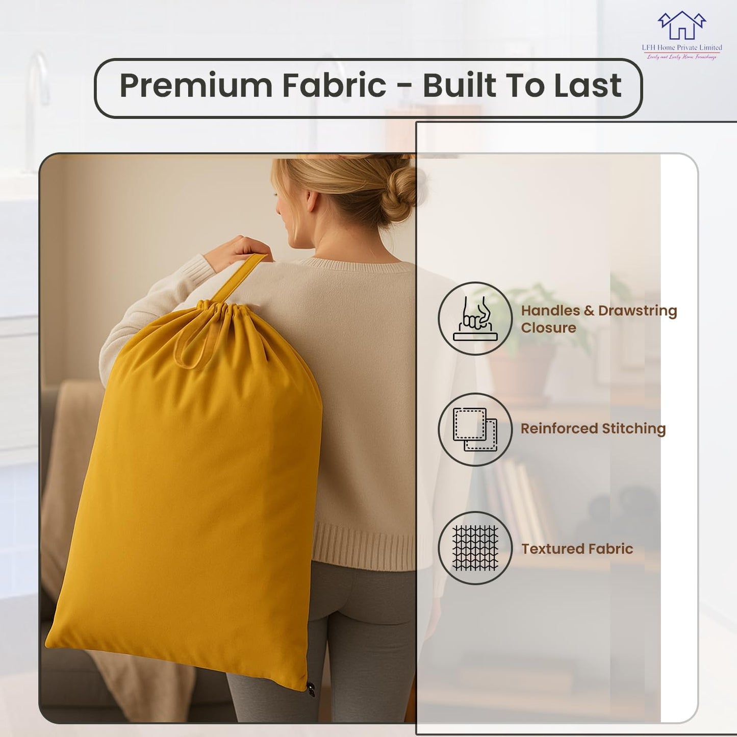 LFH Home Cotton Canvas Large Laundry Bag with Handle, Heavy Duty Drawstring Closure Washable Laundry Bags, School Travel, Home, Hotel, College Dorm, Organizer Sack, Toys Clothes 20x30-Yellow