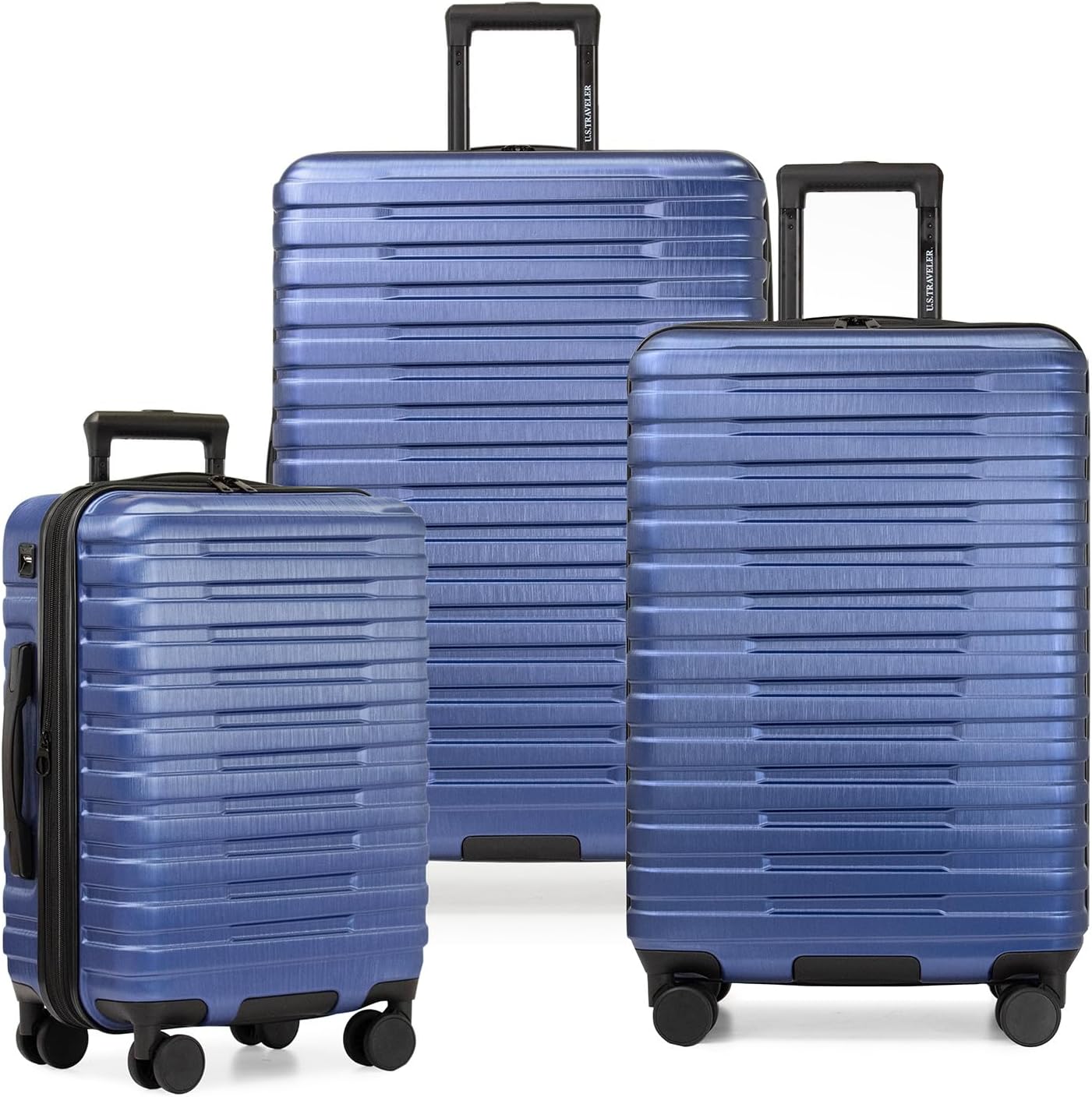 U.S. Traveler Boren Polycarbonate Hardside Rugged Travel Suitcase Luggage with 8 Spinner Wheels, Aluminum Handle, Navy, 3-Piece Set, USB Port in Carry-On