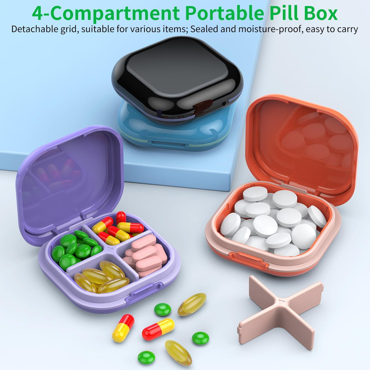 Daily Pill Organizer 4 Compartments, Small Pill Box Portable Travel Pill Case, Mini Pill Container for Purse Pocket, Compact Travel Medicine Organizer for Vitamin, Cod Liver Oil, Supplement (Blue)