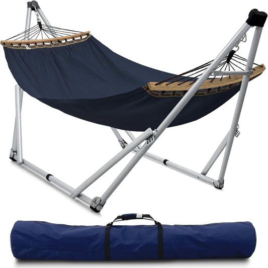 Tranquillo Ultimate Relaxation Portable Hammock Stand, Foldable Hammock Stand with Canvas Hammock, Spreader Bar, Quick Fold Unfold in 30 Seconds Steel Frame Hammock 600 lbs Capacity, White/Navy