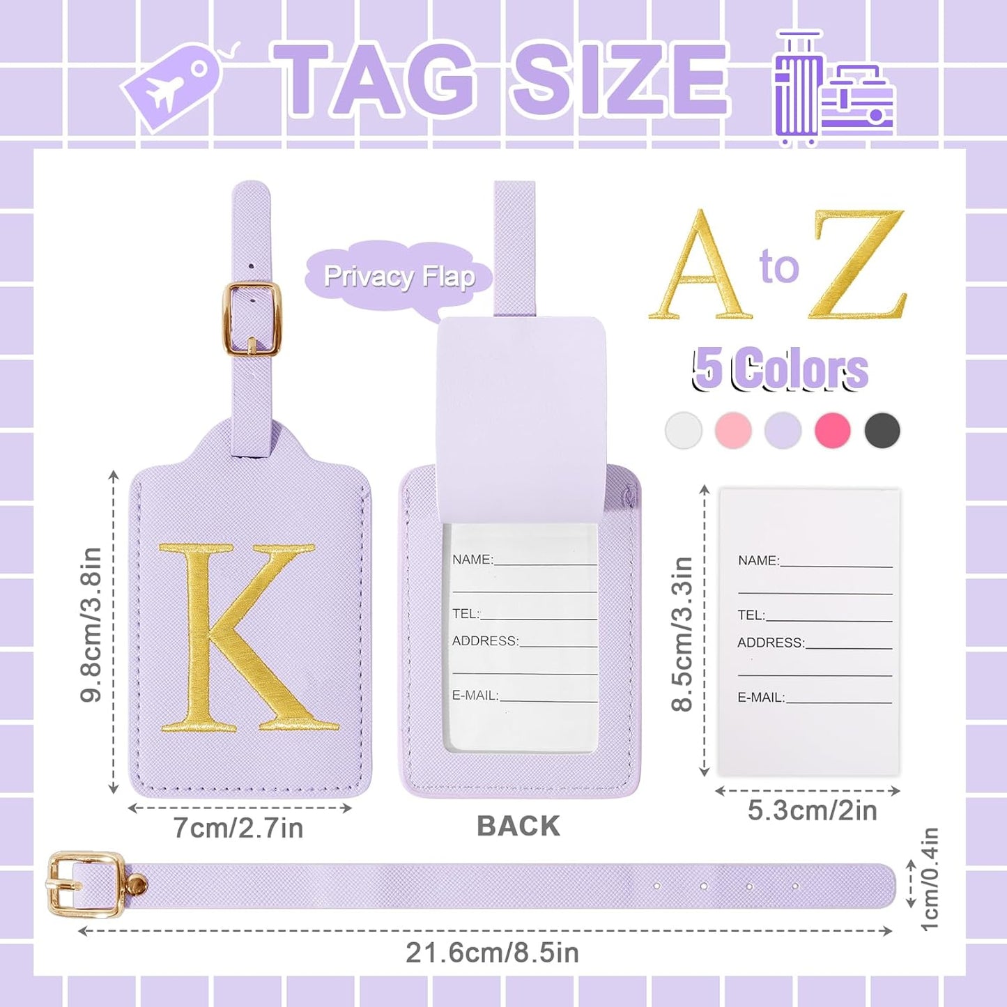 Personalized Initial Luggage Tags for Suitcase, Purple Leather Cute Luggage Tags with Privacy Cover Name Card, Embroidered Custom Monogrammed Luggage Tag Travel Backpack Tags Gifts for Women Kids(K)