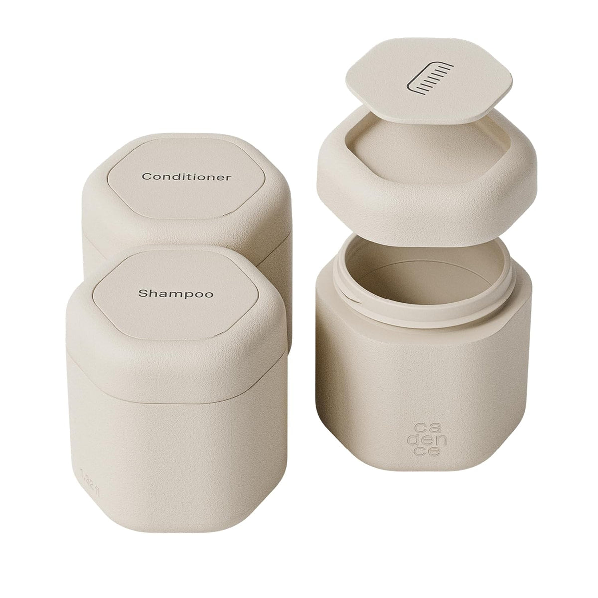 Cadence Travel Containers Haircare Capsule Set - Magnetic Containers with Lids,Carry On Travel Essentials For Women/Men - 3 Flex Mediums (1.32oz) - Shampoo, Conditioner & Comb Icon Labels - Sand