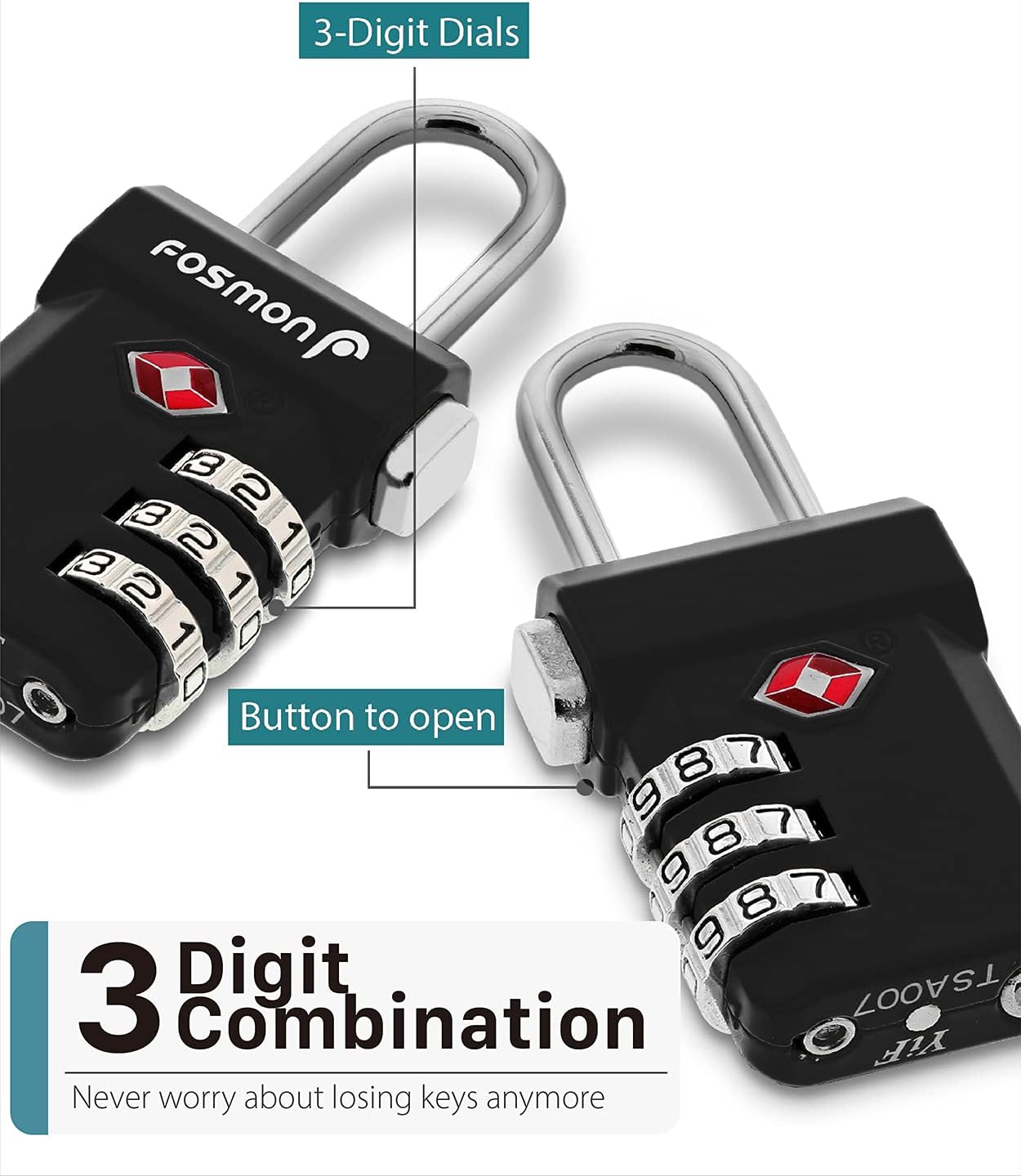 Fosmon TSA Accepted Luggage Locks, (4 Pack) Open Alert Indicator 3 Digit Combination Padlock Codes with Alloy Body and Release Button for Travel Bag, Suit Case & Luggage - Black